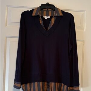 Chico's Navy and Brown Striped V-Neck Top